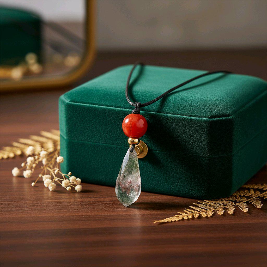 Chunky Garden Quartz Necklace, Geometric Faceted Phantom Crystal Pendant with Red Jasper, Zen Spiritual Jewelry, Adjustable Leather #2573