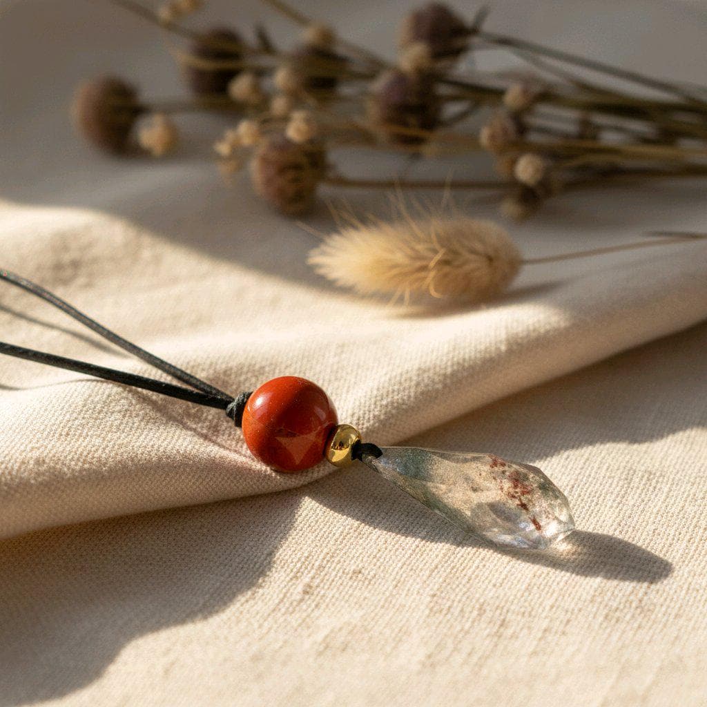 Chunky Garden Quartz Necklace, Geometric Faceted Phantom Crystal Pendant with Red Jasper, Zen Spiritual Jewelry, Adjustable Leather #2573