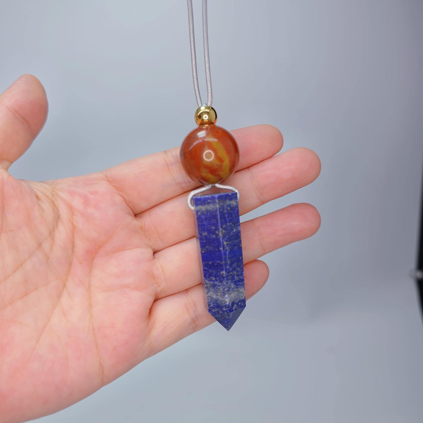 Chunky Lapis Lazuli Point Necklace, Geometric Red Jasper Pendant with 18k Gold Bead, Zen Jewelry, 30" Adjustable Real Leather Cord #2572