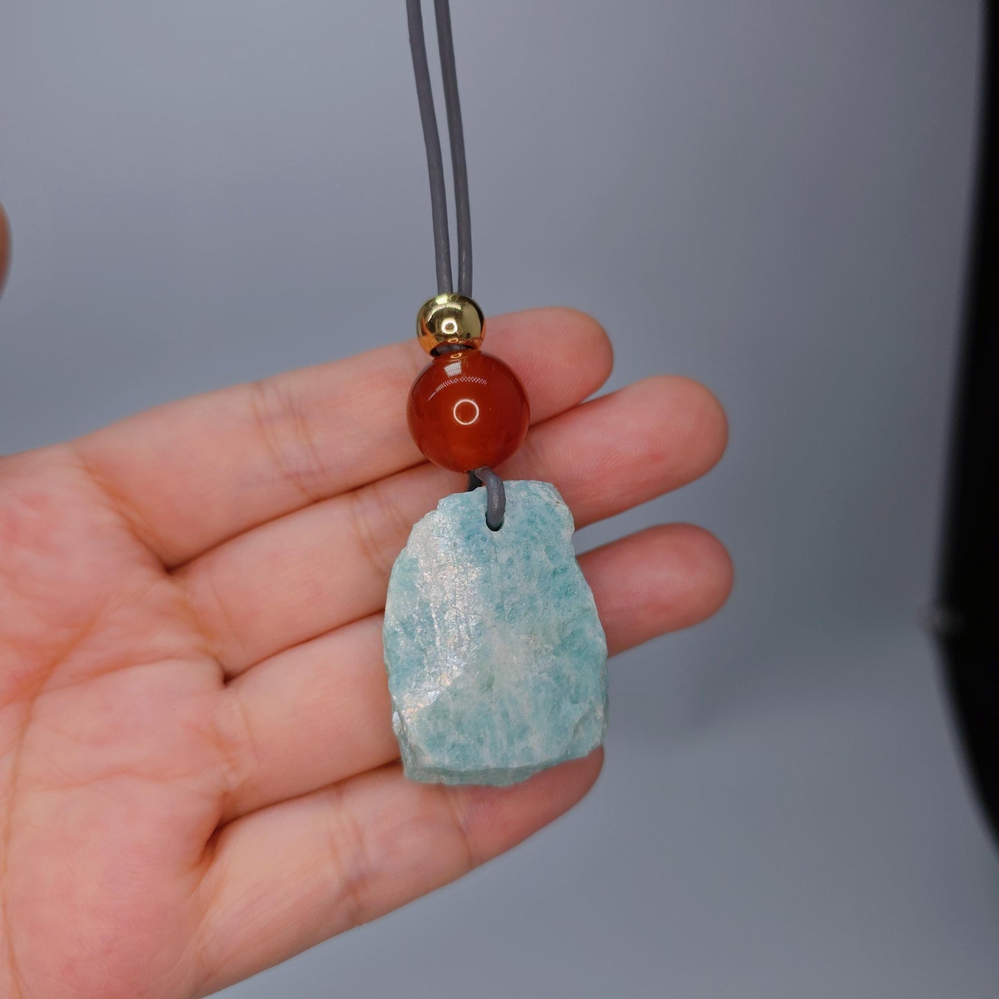 Chunky Amazonite Raw Stone Necklace, Geometric Carnelian Pendant with 18k Gold Copper Accent, Boho Spiritual Jewelry #2575