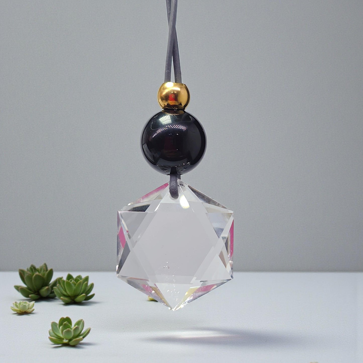 Clear Quartz Hexagram Star Necklace, Chunky Black Obsidian Stone Protection Amulet Jewelry for Men Women, Adjustable Leather Cord