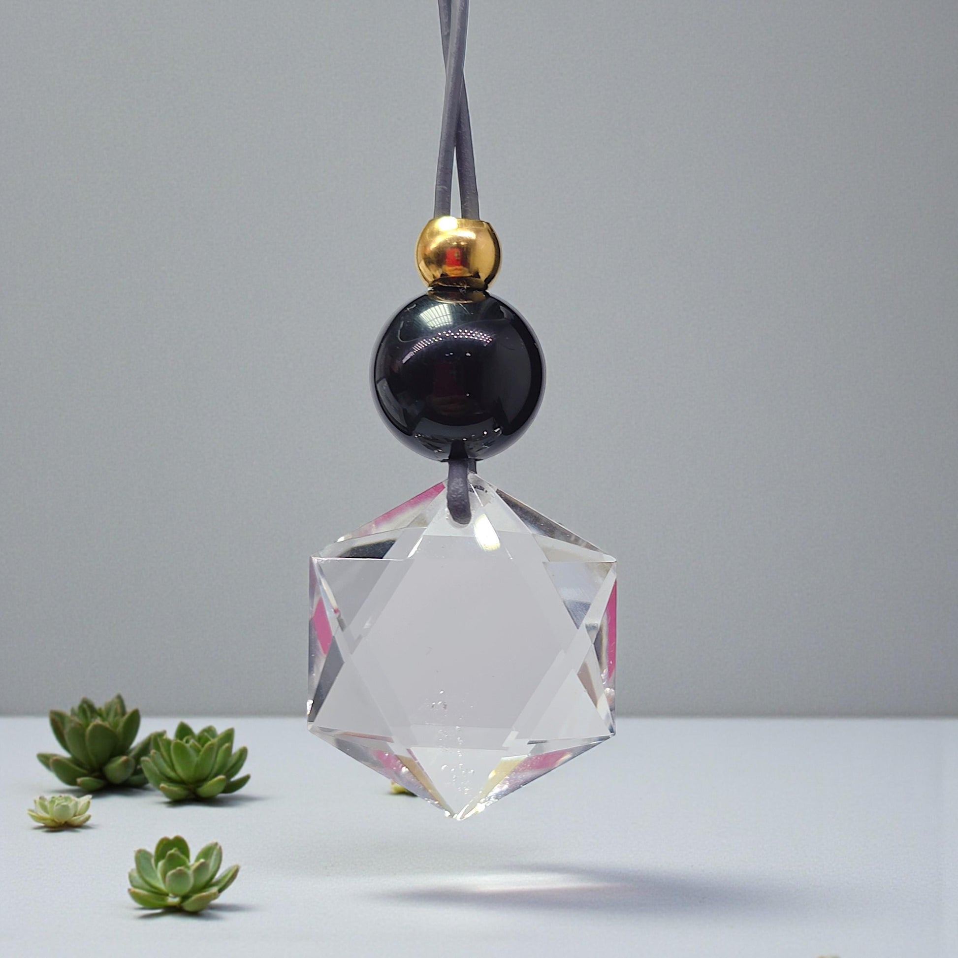 Clear Quartz Hexagram Star Necklace, Chunky Black Obsidian Stone Protection Amulet Jewelry for Men Women, Adjustable Leather Cord