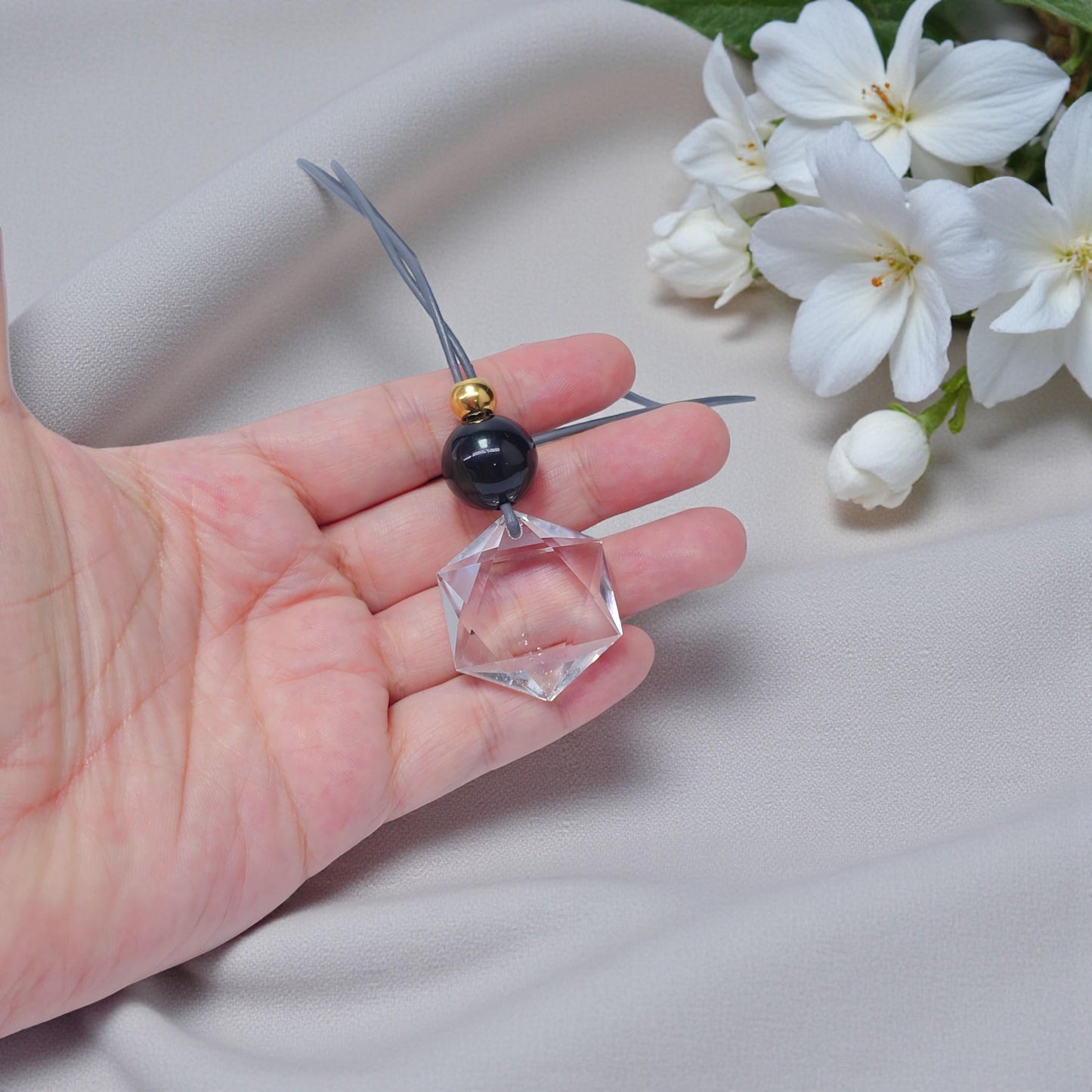 Clear Quartz Hexagram Star Necklace, Chunky Black Obsidian Stone Protection Amulet Jewelry for Men Women, Adjustable Leather Cord