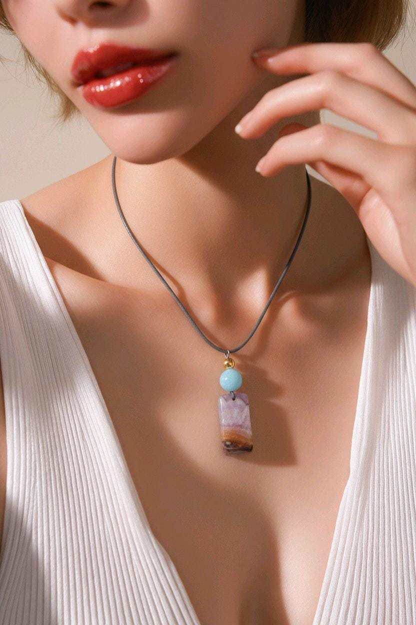Chevron Amethyst Necklace, Chunky Natural Aquamarine Gemstone Healing Pendant for Women, Adjustable Leather Cord