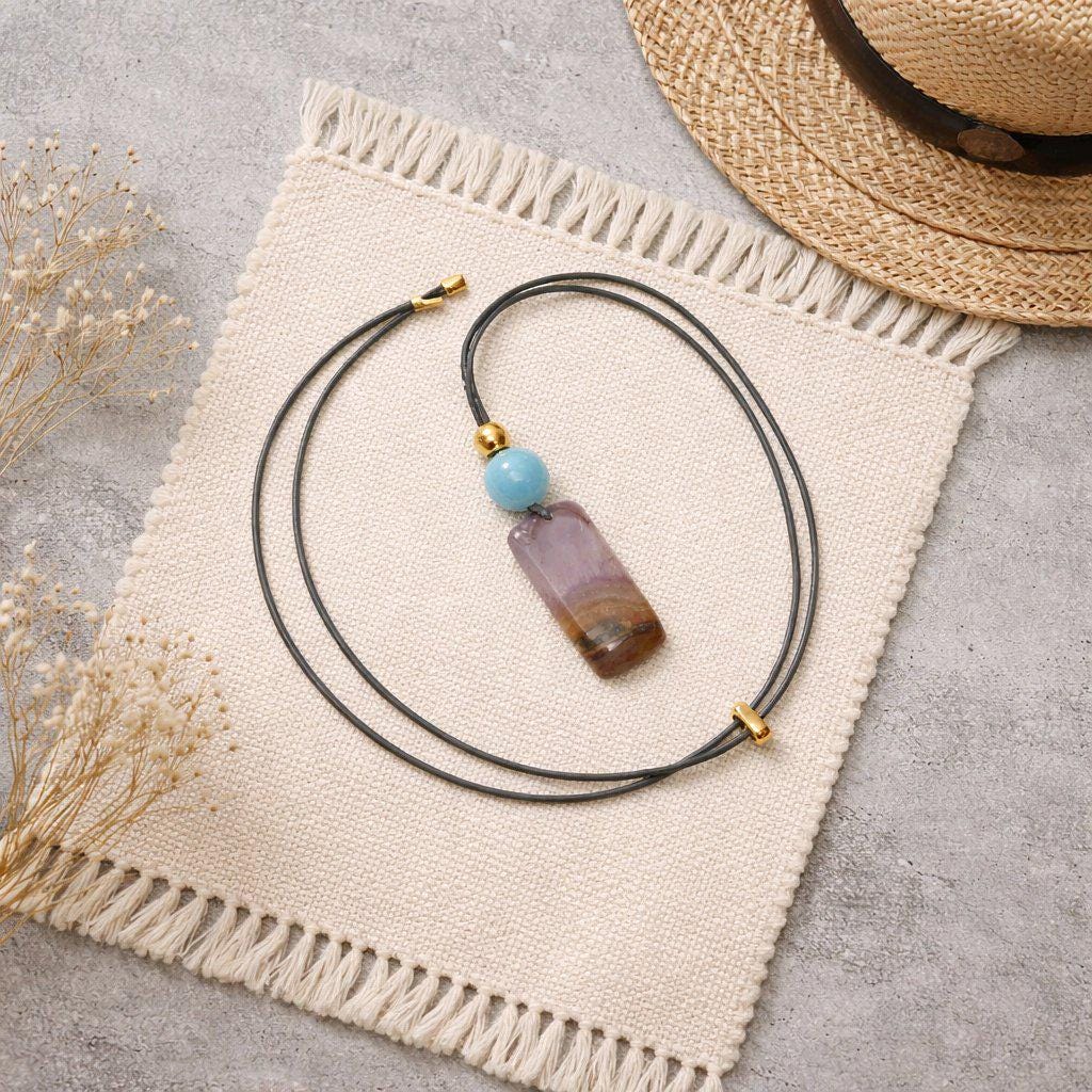 Chevron Amethyst Necklace, Chunky Natural Aquamarine Gemstone Healing Pendant for Women, Adjustable Leather Cord