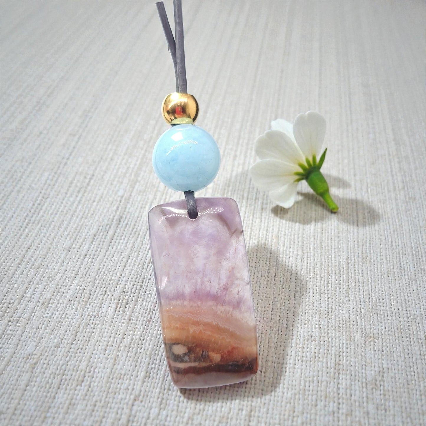 Chevron Amethyst Necklace, Chunky Natural Aquamarine Gemstone Healing Pendant for Women, Adjustable Leather Cord