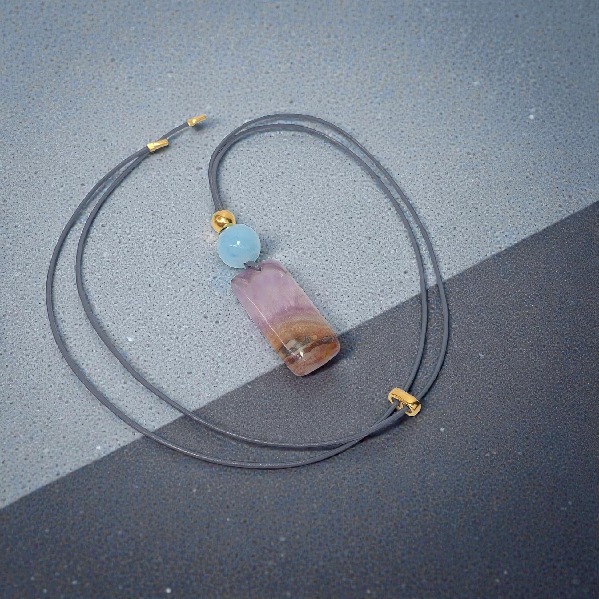 Chevron Amethyst Necklace, Chunky Natural Aquamarine Gemstone Healing Pendant for Women, Adjustable Leather Cord