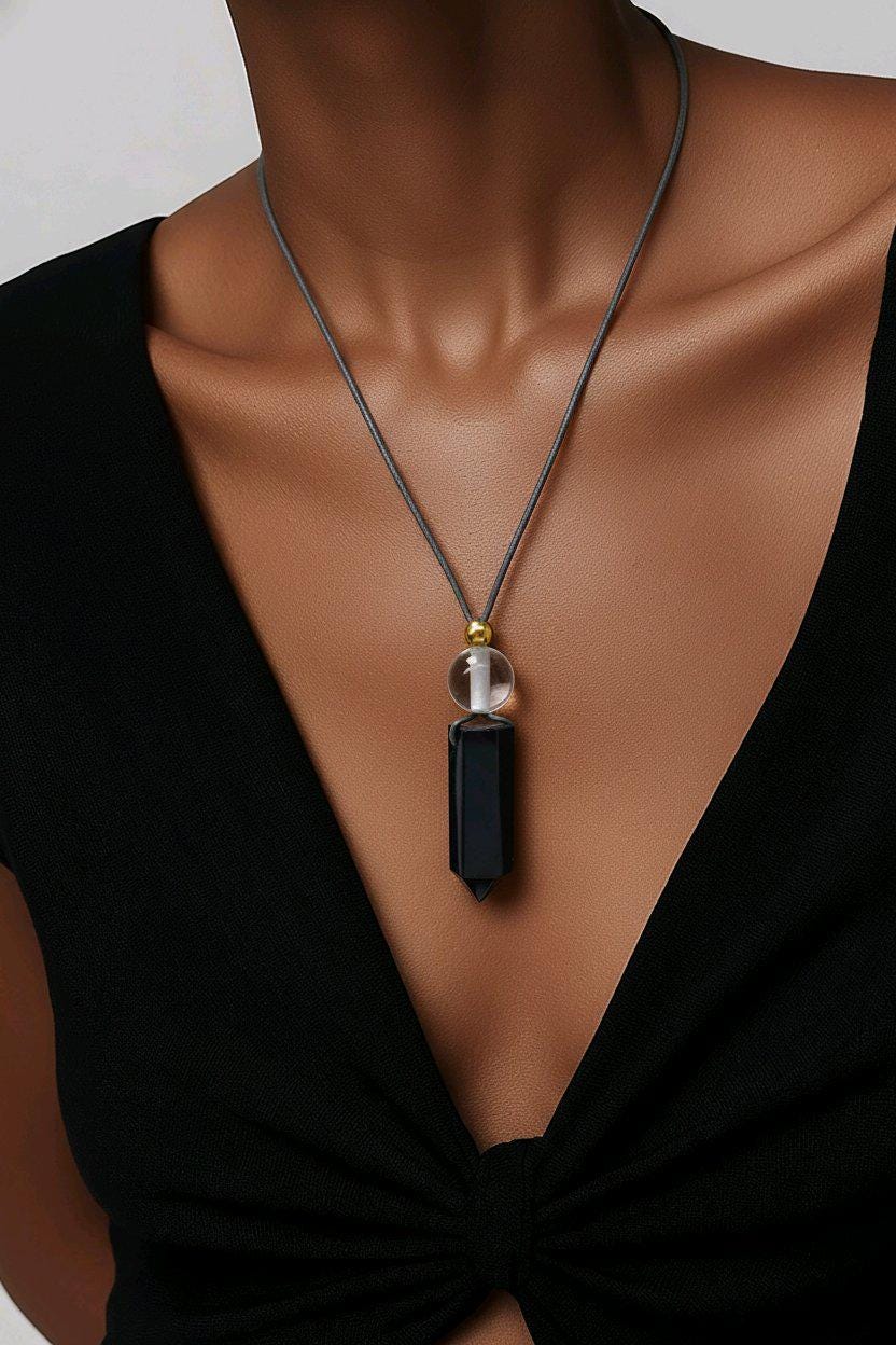 Obsidian Point Necklace, Chunky Natural Clear Quartz Crystal Hexagonal Wand Pendant for Men Women, Adjustable Leather Cord