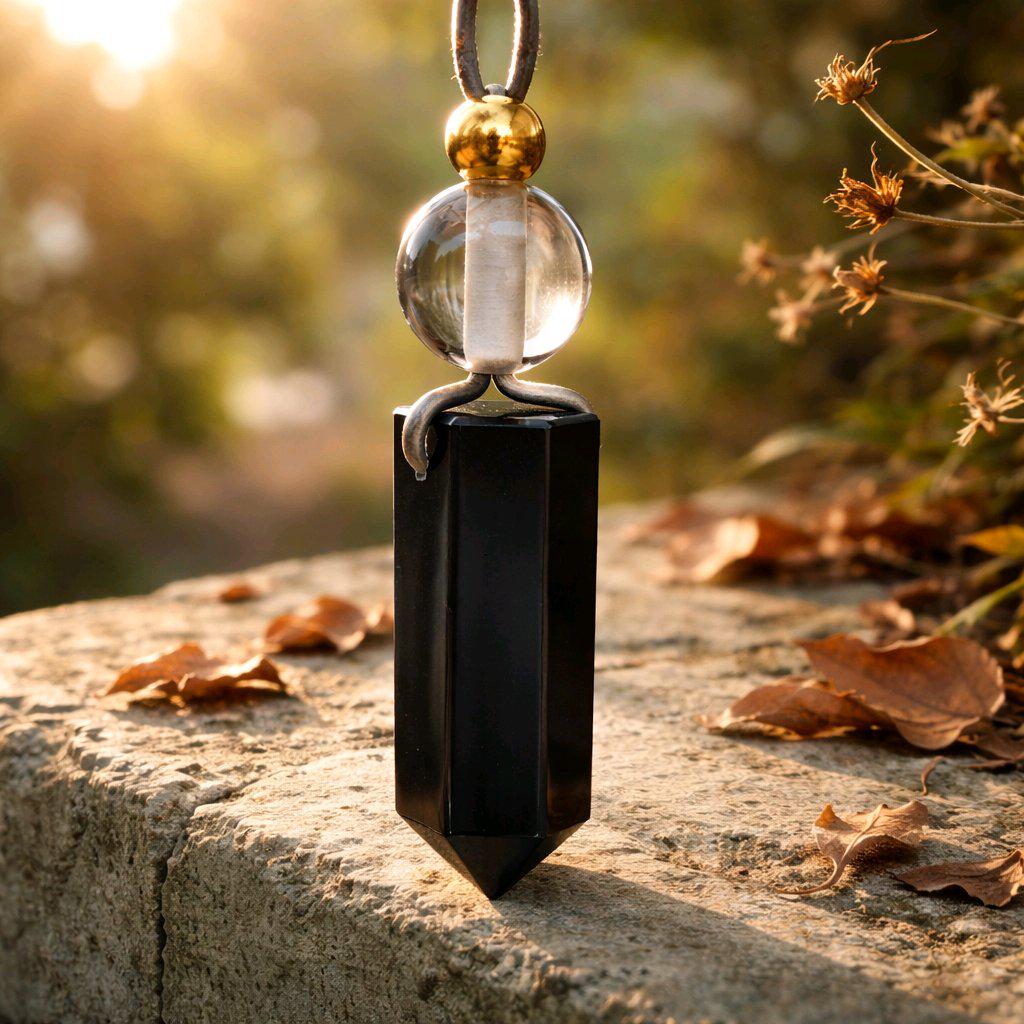 Obsidian Point Necklace, Chunky Natural Clear Quartz Crystal Hexagonal Wand Pendant for Men Women, Adjustable Leather Cord