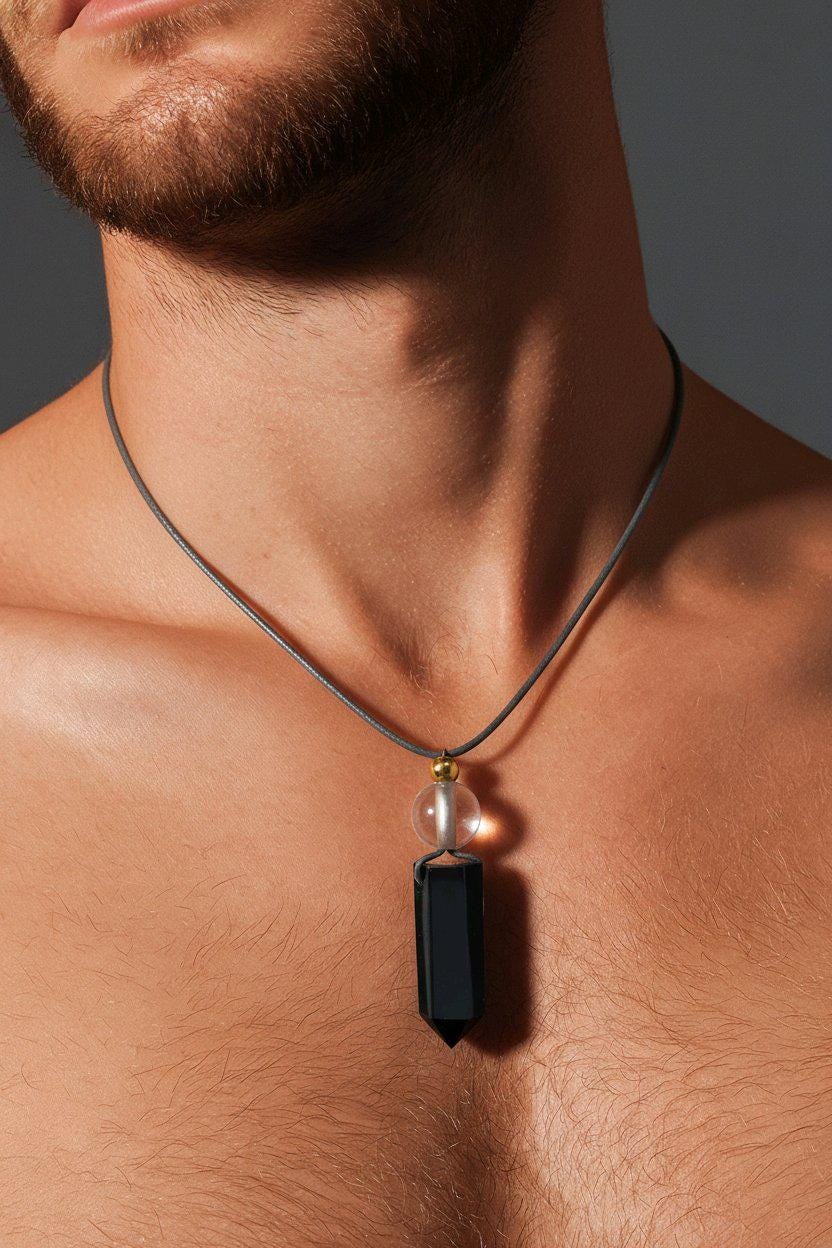 Obsidian Point Necklace, Chunky Natural Clear Quartz Crystal Hexagonal Wand Pendant for Men Women, Adjustable Leather Cord