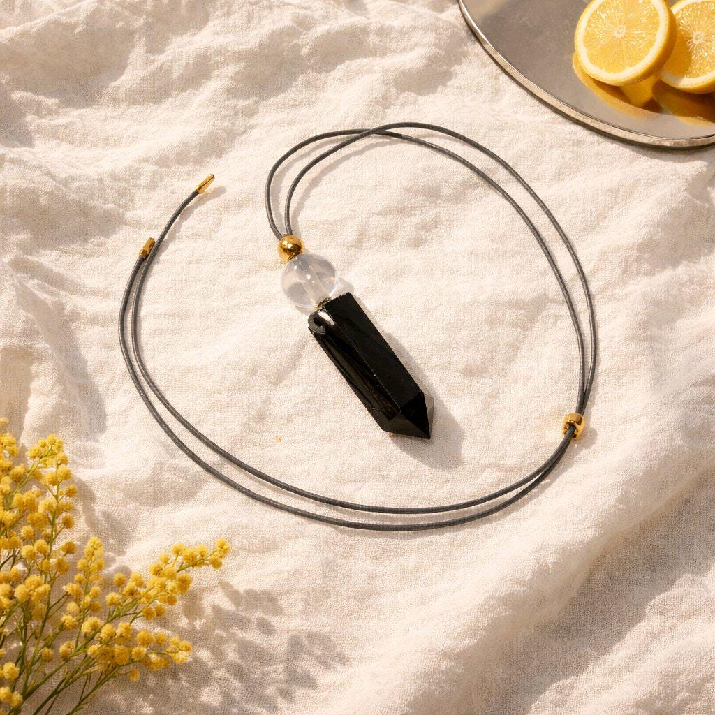 Obsidian Point Necklace, Chunky Natural Clear Quartz Crystal Hexagonal Wand Pendant for Men Women, Adjustable Leather Cord