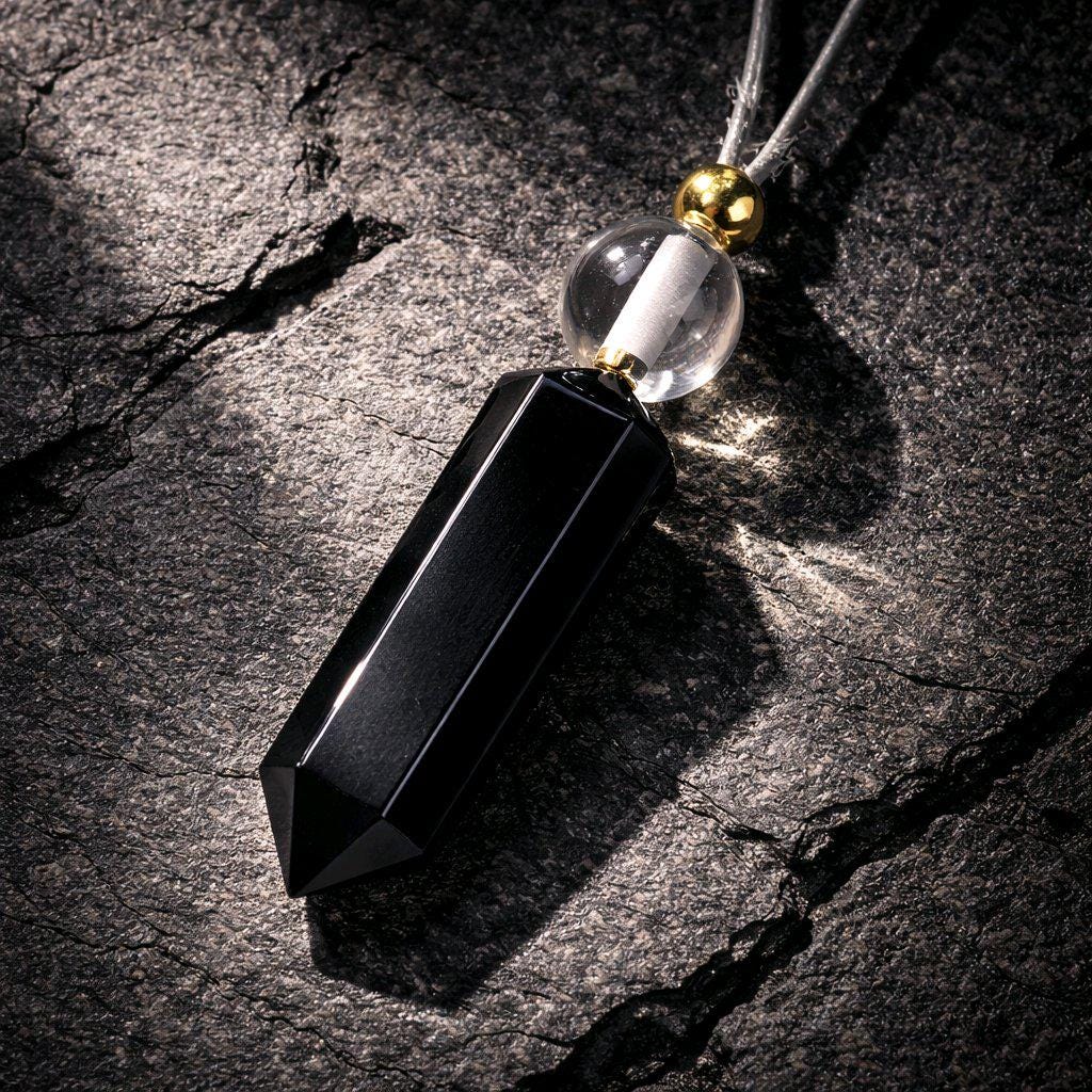 Obsidian Point Necklace, Chunky Natural Clear Quartz Crystal Hexagonal Wand Pendant for Men Women, Adjustable Leather Cord