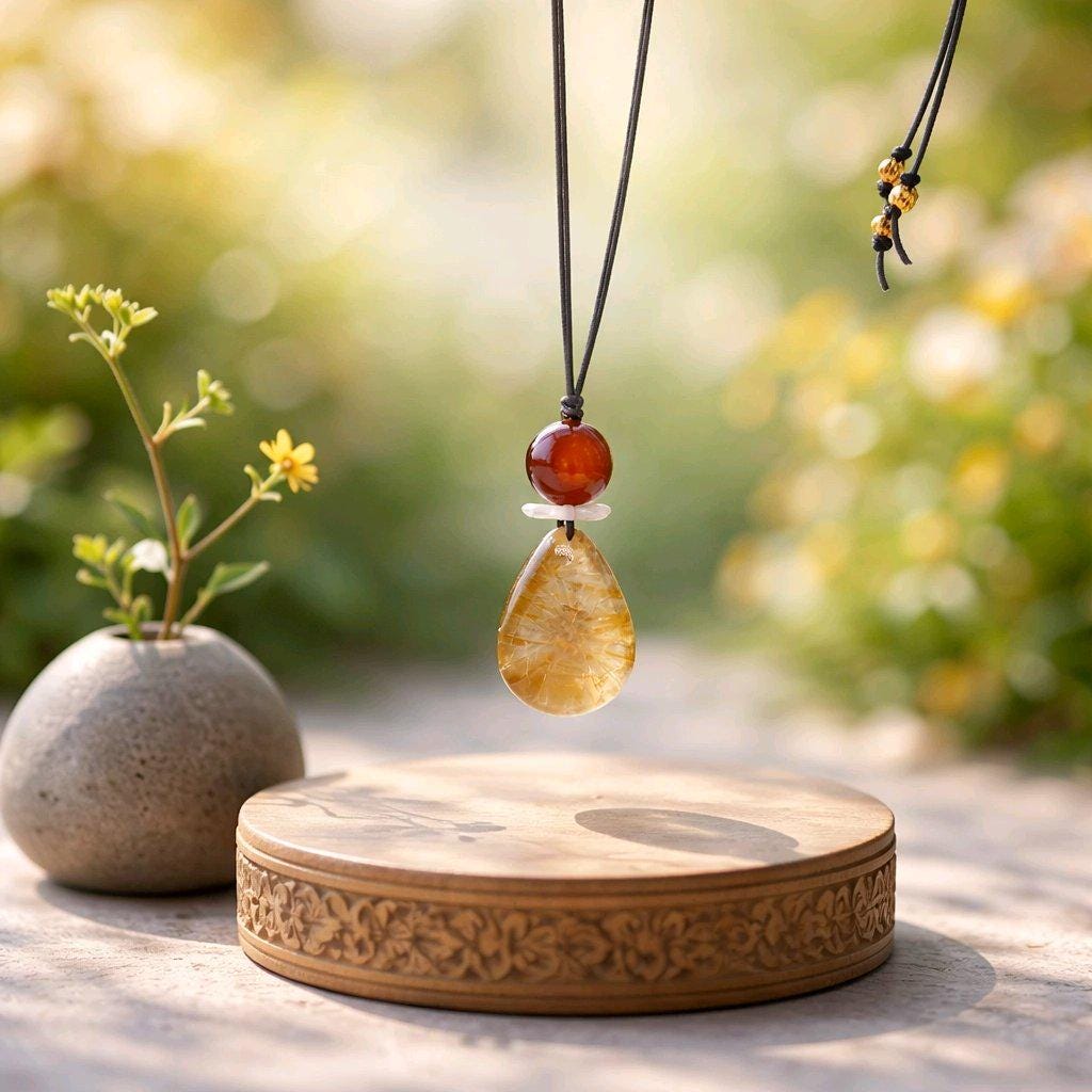 Golden Rutilated Quartz Necklace, Chunky Red Carnelian & Shell Flower Crystal Pendant for Her, Adjustable Leather Cord