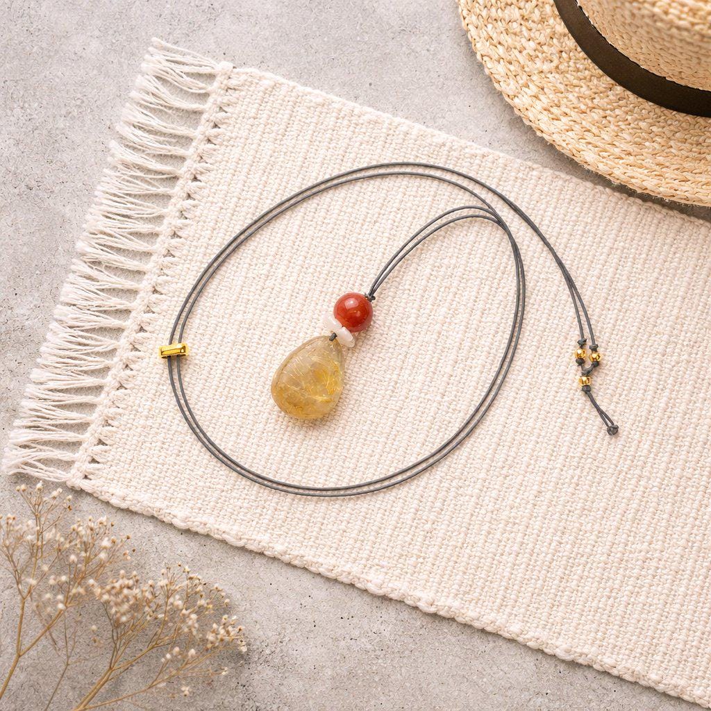 Golden Rutilated Quartz Necklace, Chunky Red Carnelian & Shell Flower Crystal Pendant for Her, Adjustable Leather Cord
