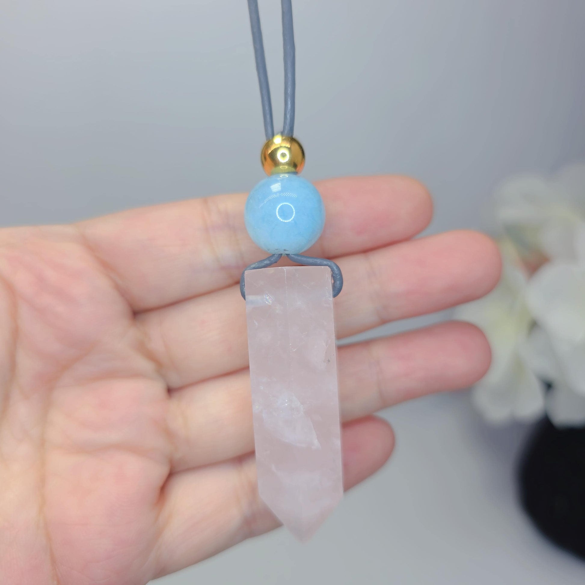 Natural Rose Quartz Necklace Crystal Point & Aquamarine Geometric Pendant, Pink Chunky Gemstone Jewelry Adjustable Leather for Men and Women