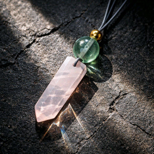 Rose Quartz Point Necklace, Chunky Natural Green Fluorite Crystal Hexagonal Wand Pendant for Women Men, Adjustable Leather Cord