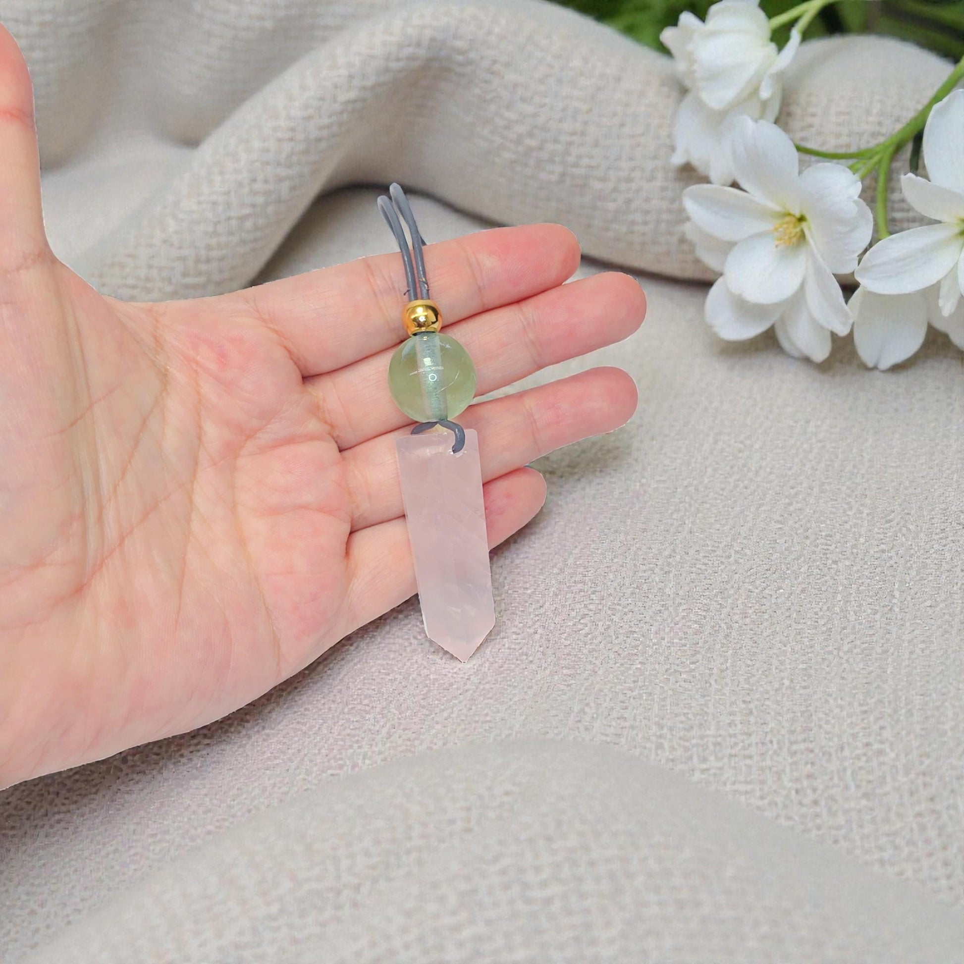 Rose Quartz Point Necklace, Chunky Natural Green Fluorite Crystal Hexagonal Wand Pendant for Women Men, Adjustable Leather Cord
