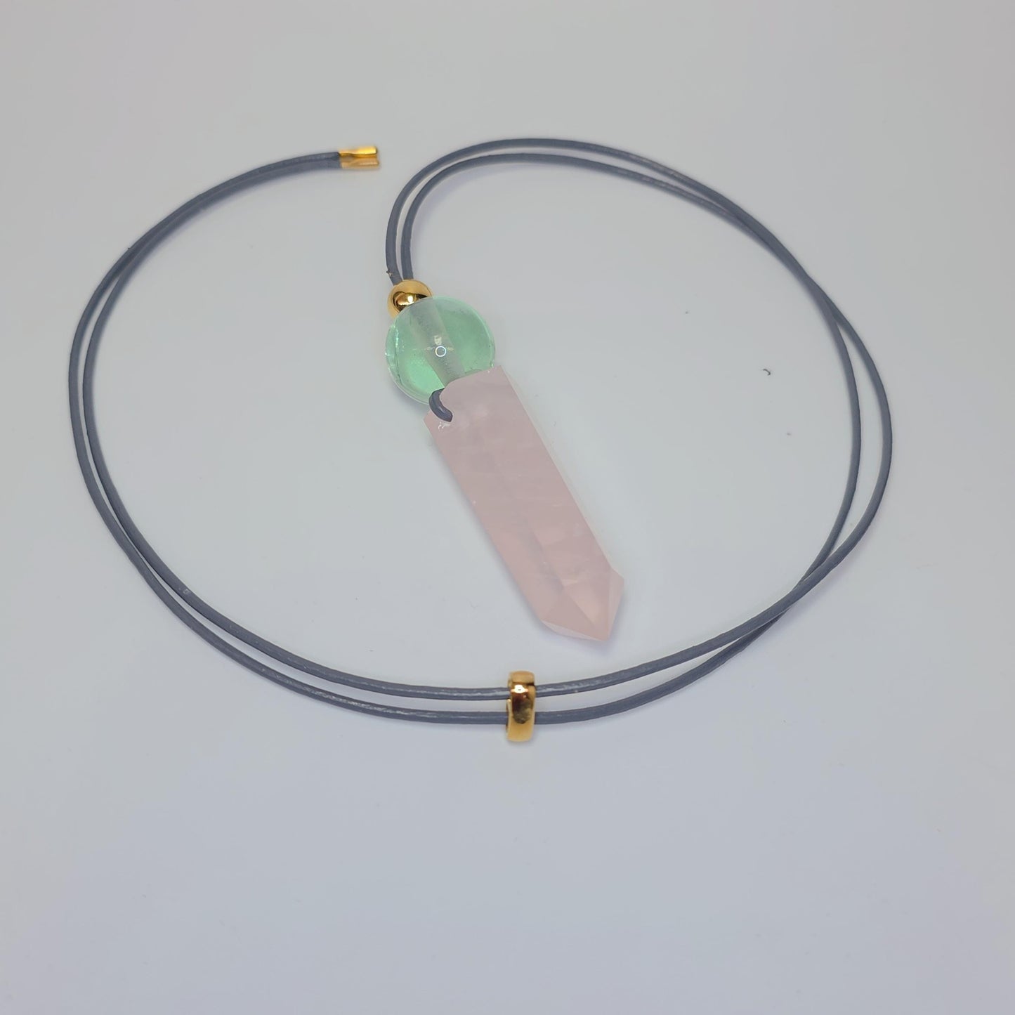 Rose Quartz Point Necklace, Chunky Natural Green Fluorite Crystal Hexagonal Wand Pendant for Women Men, Adjustable Leather Cord