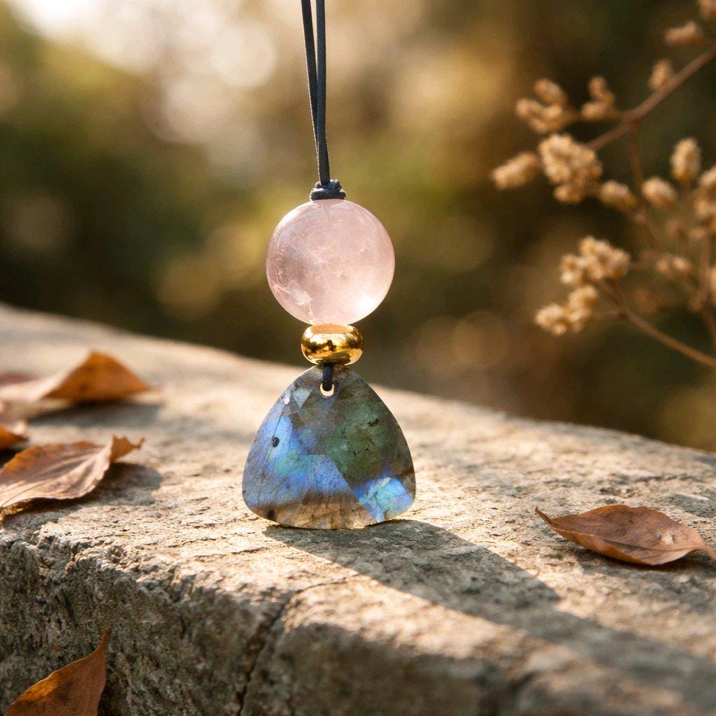 Labradorite Rose Quartz Necklace Natural Crystal Chunky Stone Jewelry for Women Spiritual Protection Adjustable Leather Cord up to 24 inches