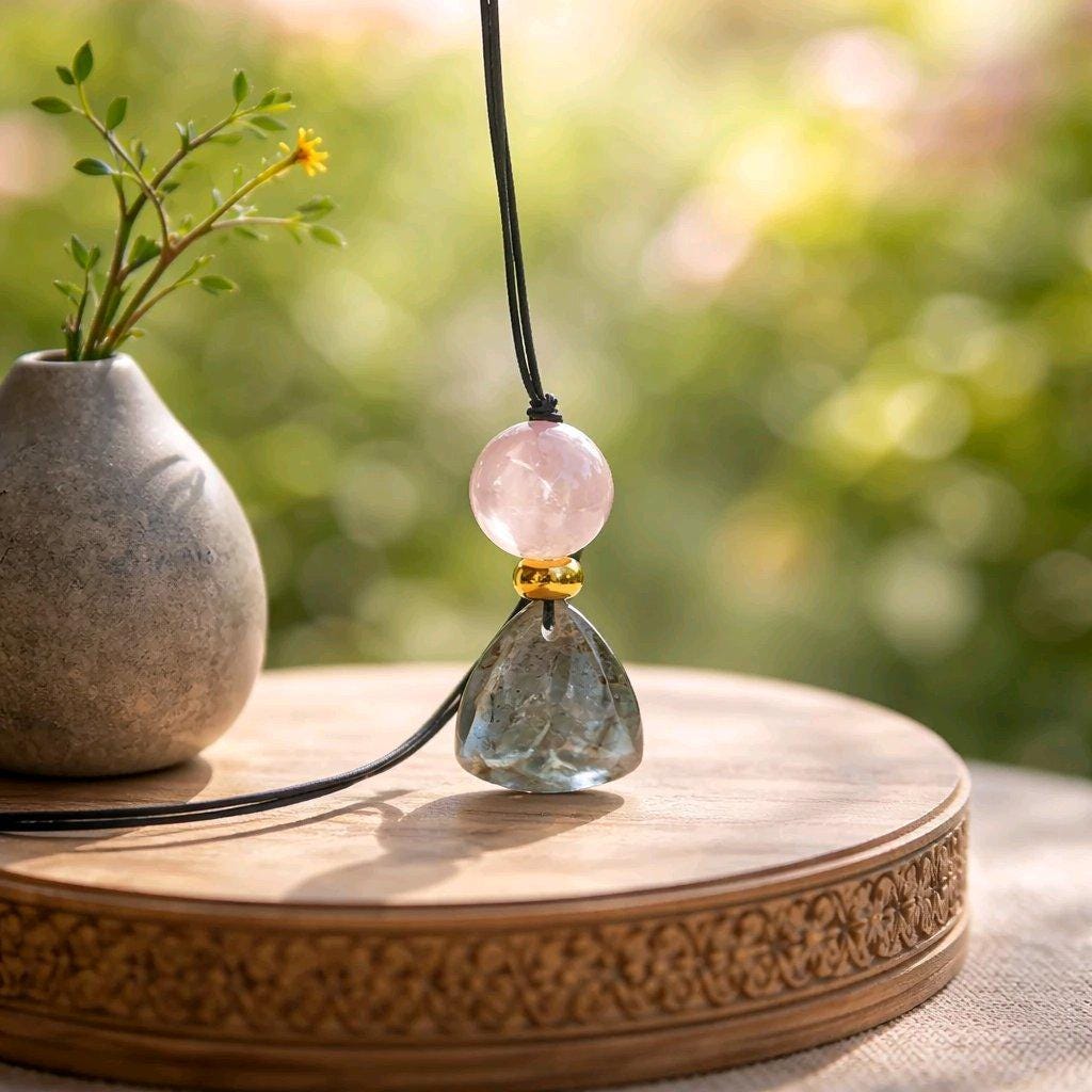 Labradorite Rose Quartz Necklace Natural Crystal Chunky Stone Jewelry for Women Spiritual Protection Adjustable Leather Cord up to 24 inches