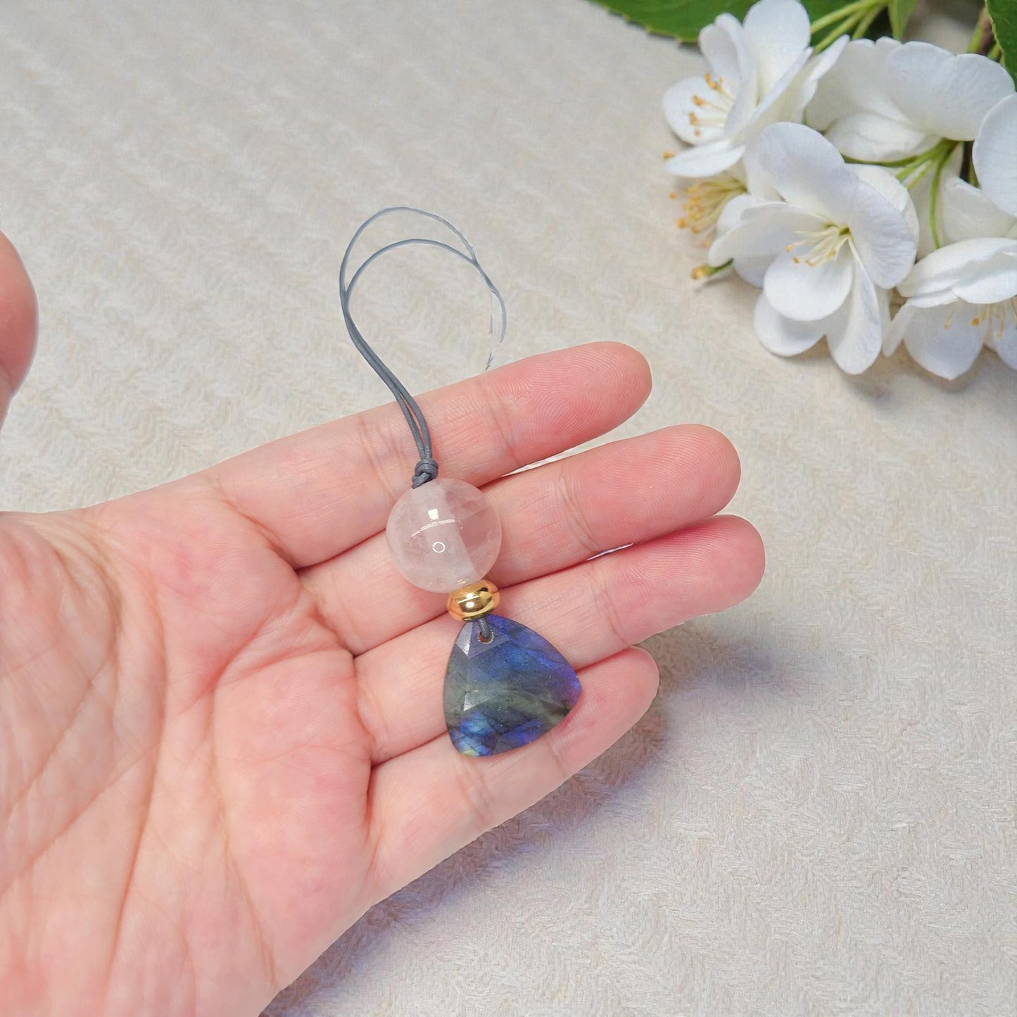 Labradorite Rose Quartz Necklace Natural Crystal Chunky Stone Jewelry for Women Spiritual Protection Adjustable Leather Cord up to 24 inches