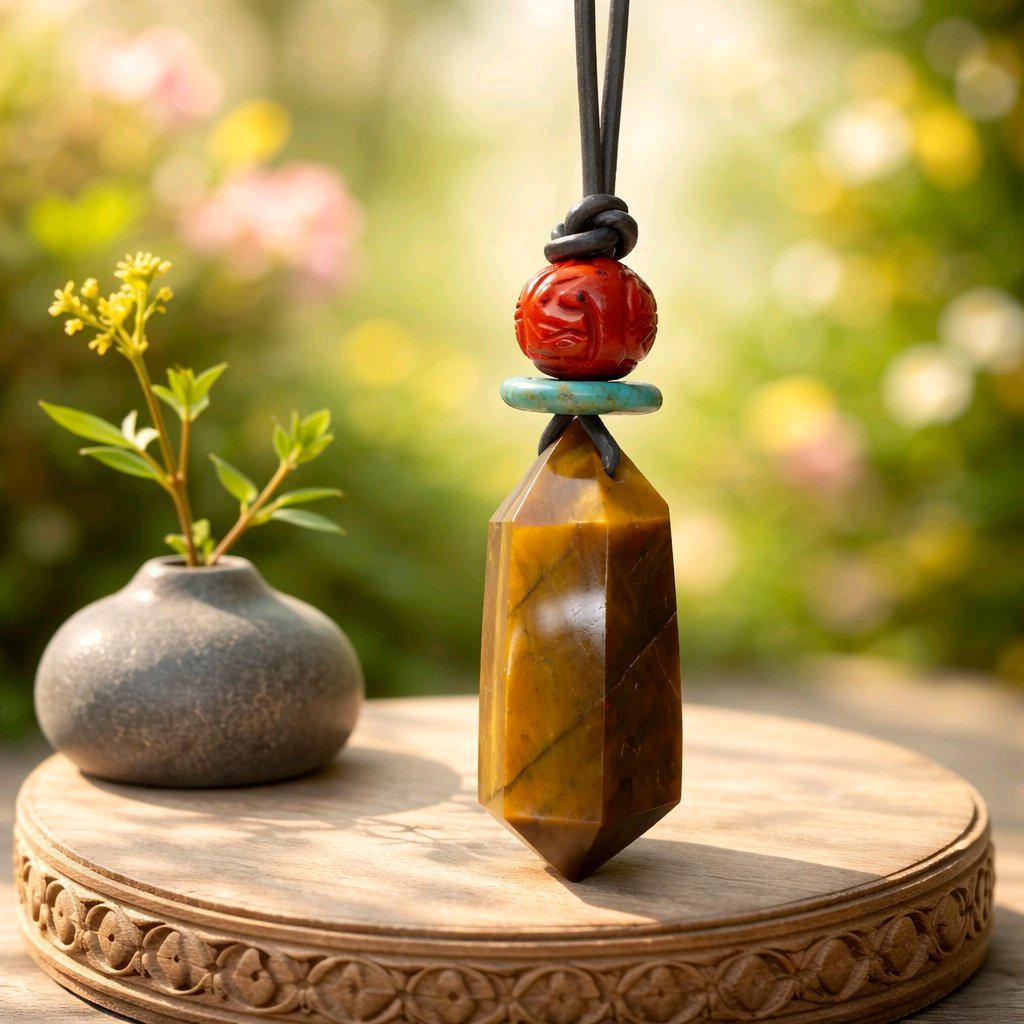 Tiger's Eye Necklace Natural Crystal Chunky Point Pendant for Men and Women Healing Talisman Jewelry Adjustable Leather Cord