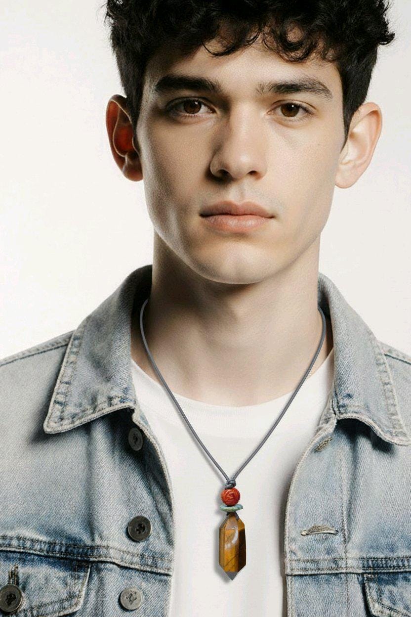 Tiger's Eye Necklace Natural Crystal Chunky Point Pendant for Men and Women Healing Talisman Jewelry Adjustable Leather Cord