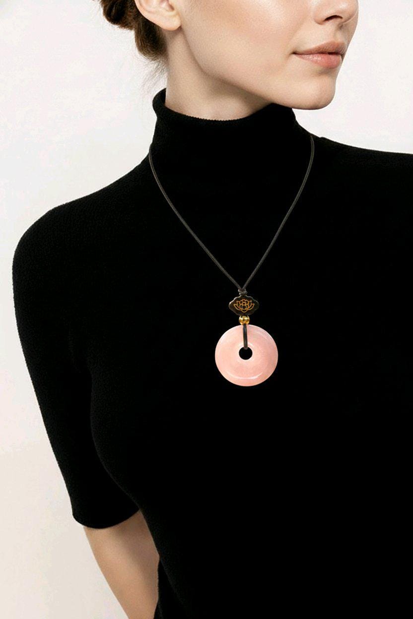 Rose Quartz Necklace Lotus Sandalwood Pendant Natural Crystal Chunky Peace Buckle Jewelry for Women Men Gift Adjustable Leather Cord