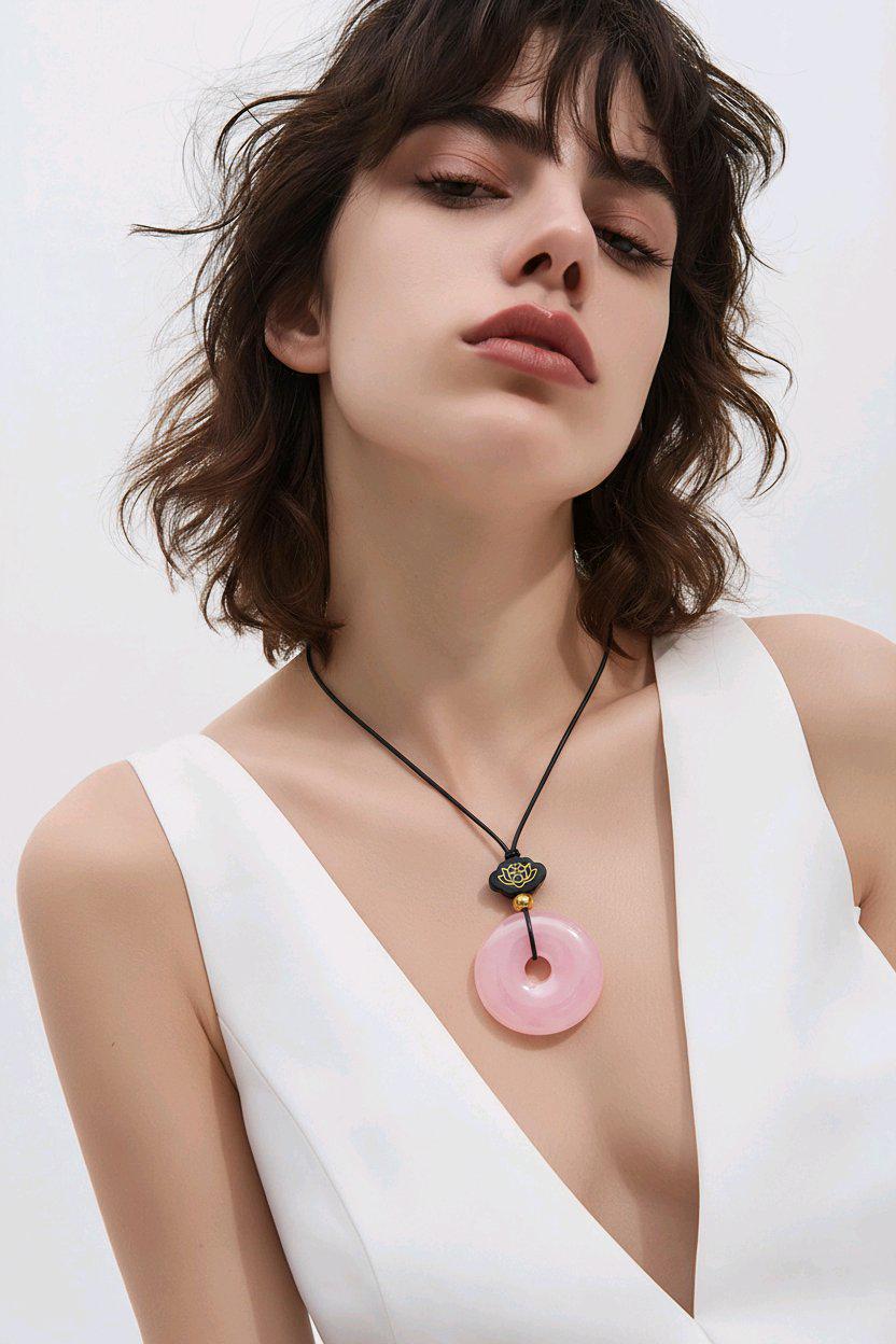 Rose Quartz Necklace Lotus Sandalwood Pendant Natural Crystal Chunky Peace Buckle Jewelry for Women Men Gift Adjustable Leather Cord