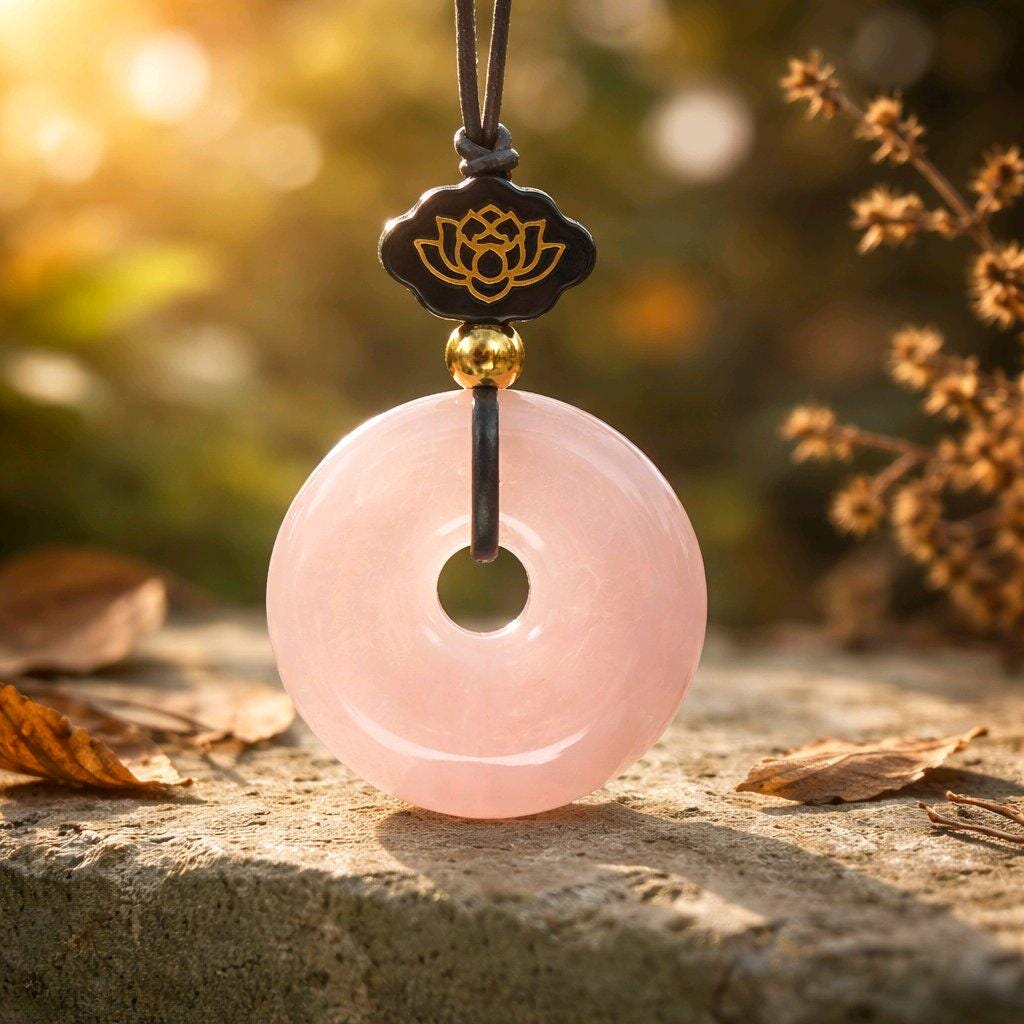 Rose Quartz Necklace Lotus Sandalwood Pendant Natural Crystal Chunky Peace Buckle Jewelry for Women Men Gift Adjustable Leather Cord