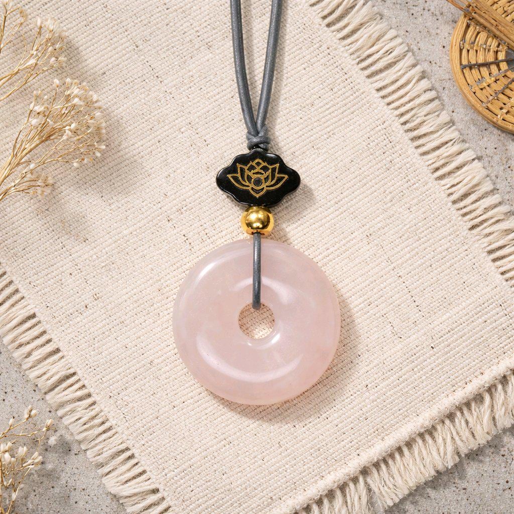 Rose Quartz Necklace Lotus Sandalwood Pendant Natural Crystal Chunky Peace Buckle Jewelry for Women Men Gift Adjustable Leather Cord