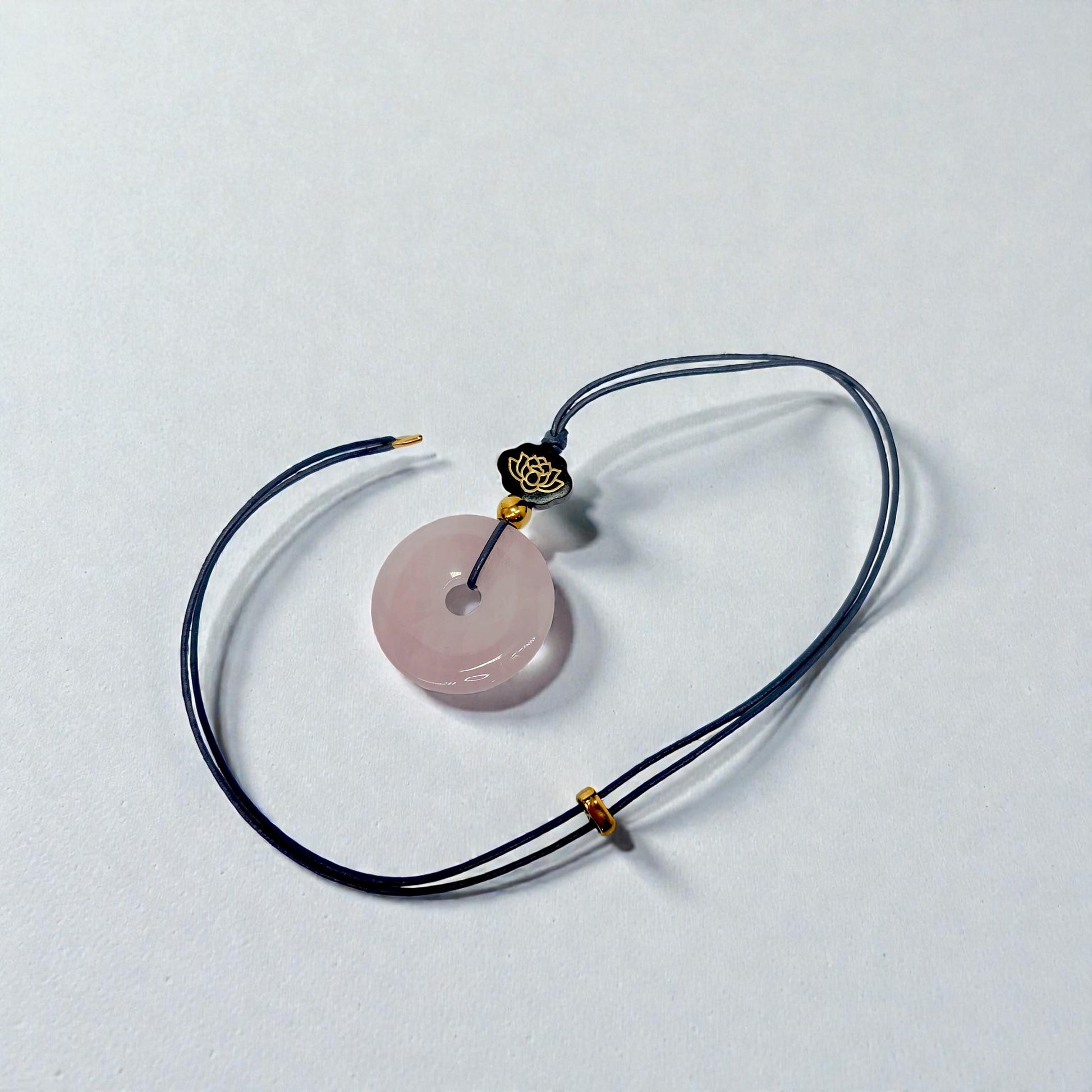 Rose Quartz Necklace Lotus Sandalwood Pendant Natural Crystal Chunky Peace Buckle Jewelry for Women Men Gift Adjustable Leather Cord