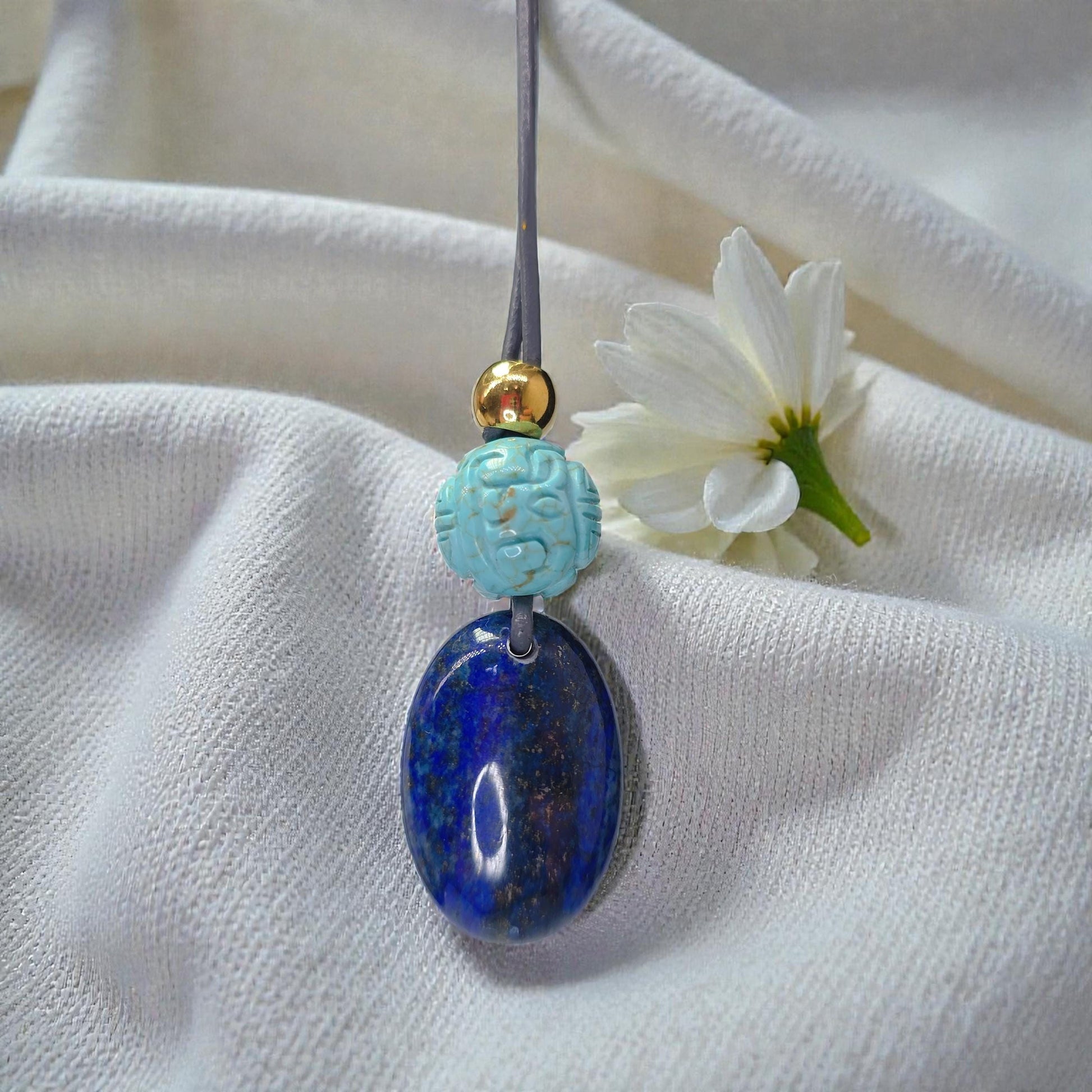 Lapis Lazuli Necklace Turquoise Natural Crystal Chunky Stone Jewelry for Men Women Protection Talisman Adjustable Leather Cord