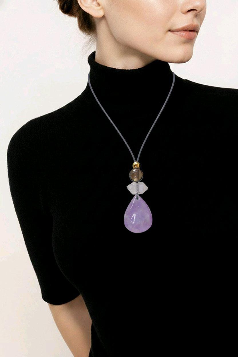 Amethyst Necklace Natural Crystal Chunky Smoky Quartz Pendant for Men Women Spiritual Healing Jewelry Adjustable Leather Cord