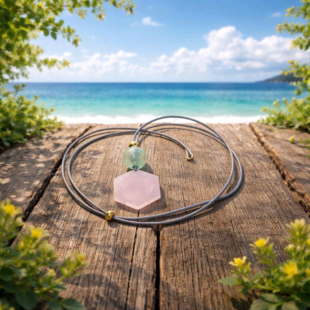 Geometric Rose Quartz Necklace, Chunky Star of David Crystal Pendant with Fluorite, Healing Stone Jewelry, Adjustable Leather Cord 30“ #2571