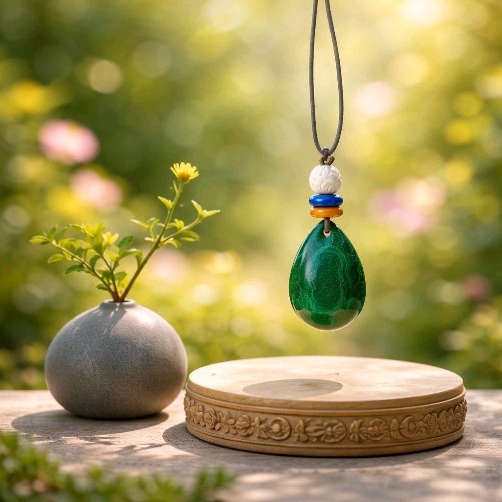 Geometric Malachite Teardrop Necklace, Chunky Green Pendant with Carved Lotus, Healing Jewelry, Adjustable Leather Cord 30 inches #2570