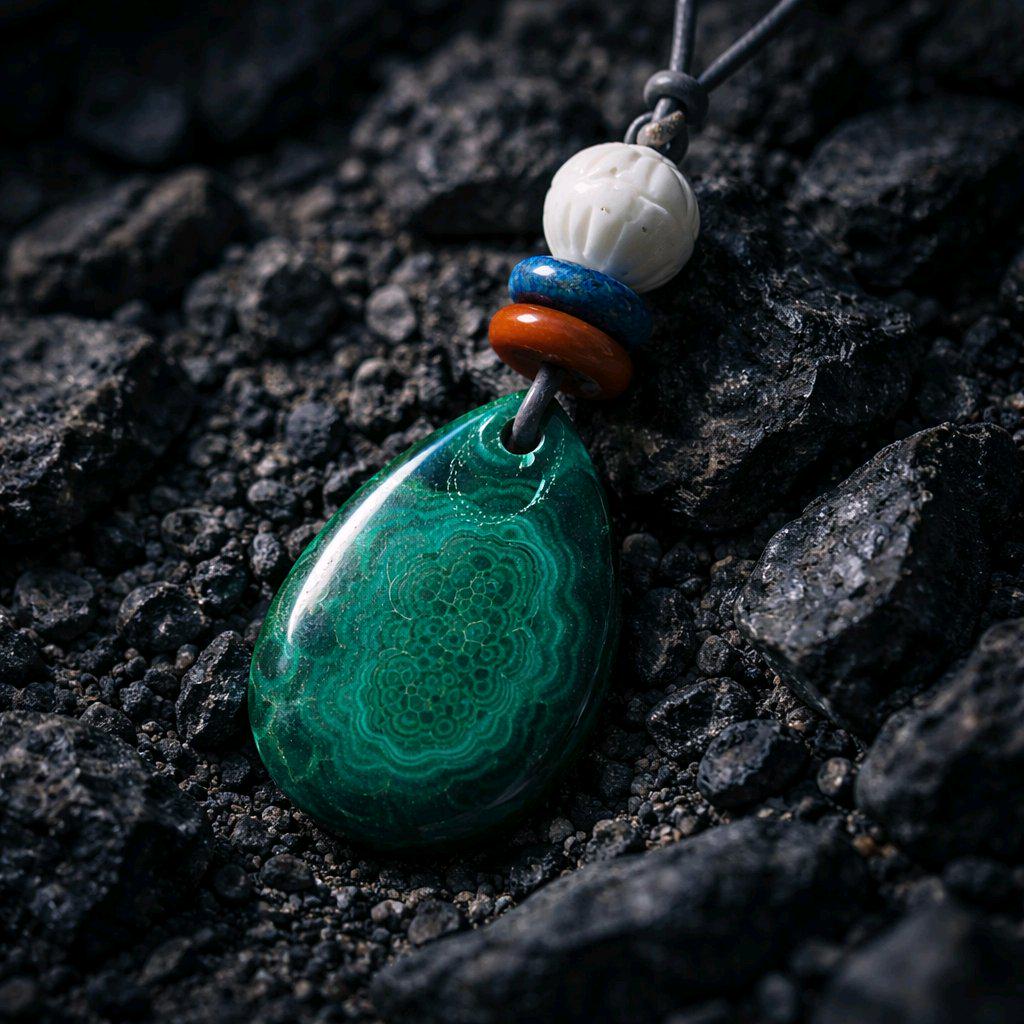 Geometric Malachite Teardrop Necklace, Chunky Green Pendant with Carved Lotus, Healing Jewelry, Adjustable Leather Cord 30 inches #2570