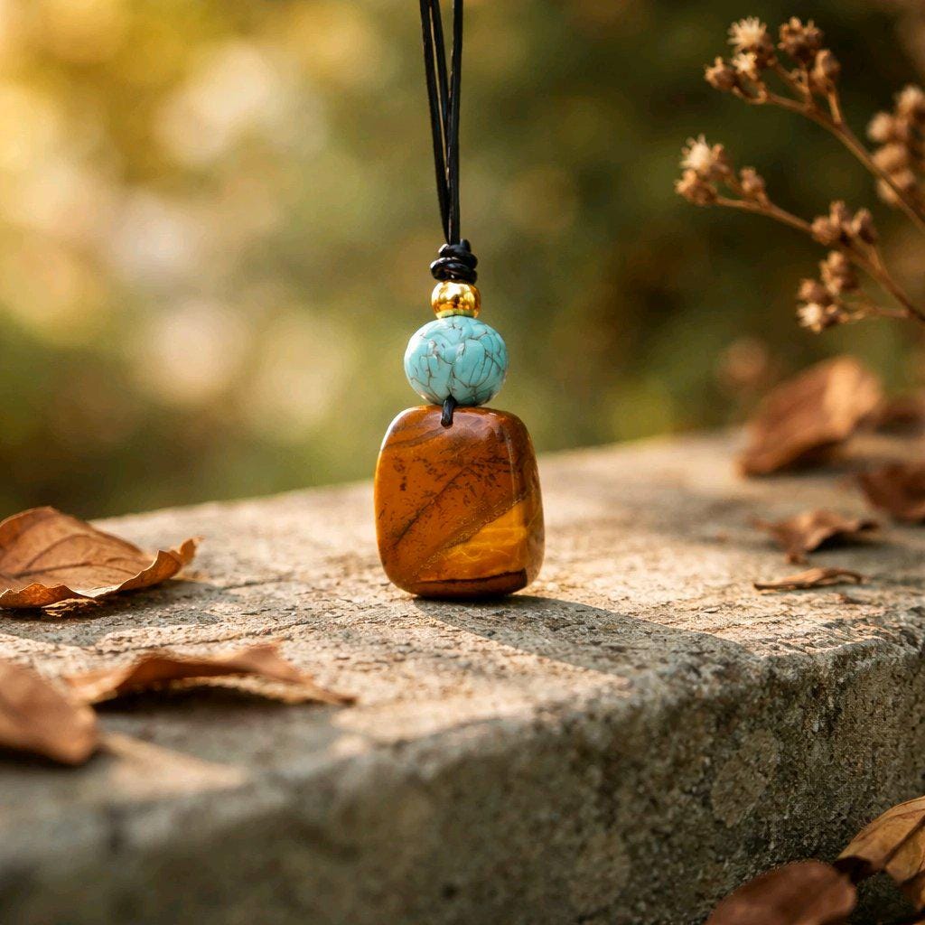 Geometric Tiger's Eye Necklace, Chunky Crystal Pendant with Turquoise Lotus, Healing Stone Jewelry for Her Him, Adjustable Cord #2569
