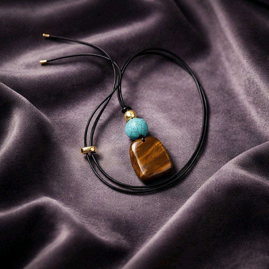 Geometric Tiger's Eye Necklace, Chunky Crystal Pendant with Turquoise Lotus, Healing Stone Jewelry for Her Him, Adjustable Cord #2569