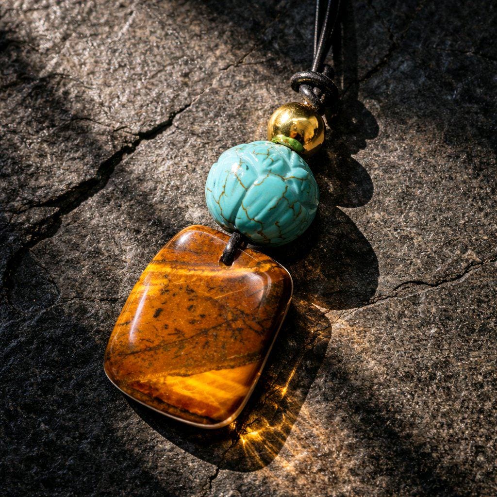 Geometric Tiger's Eye Necklace, Chunky Crystal Pendant with Turquoise Lotus, Healing Stone Jewelry for Her Him, Adjustable Cord #2569