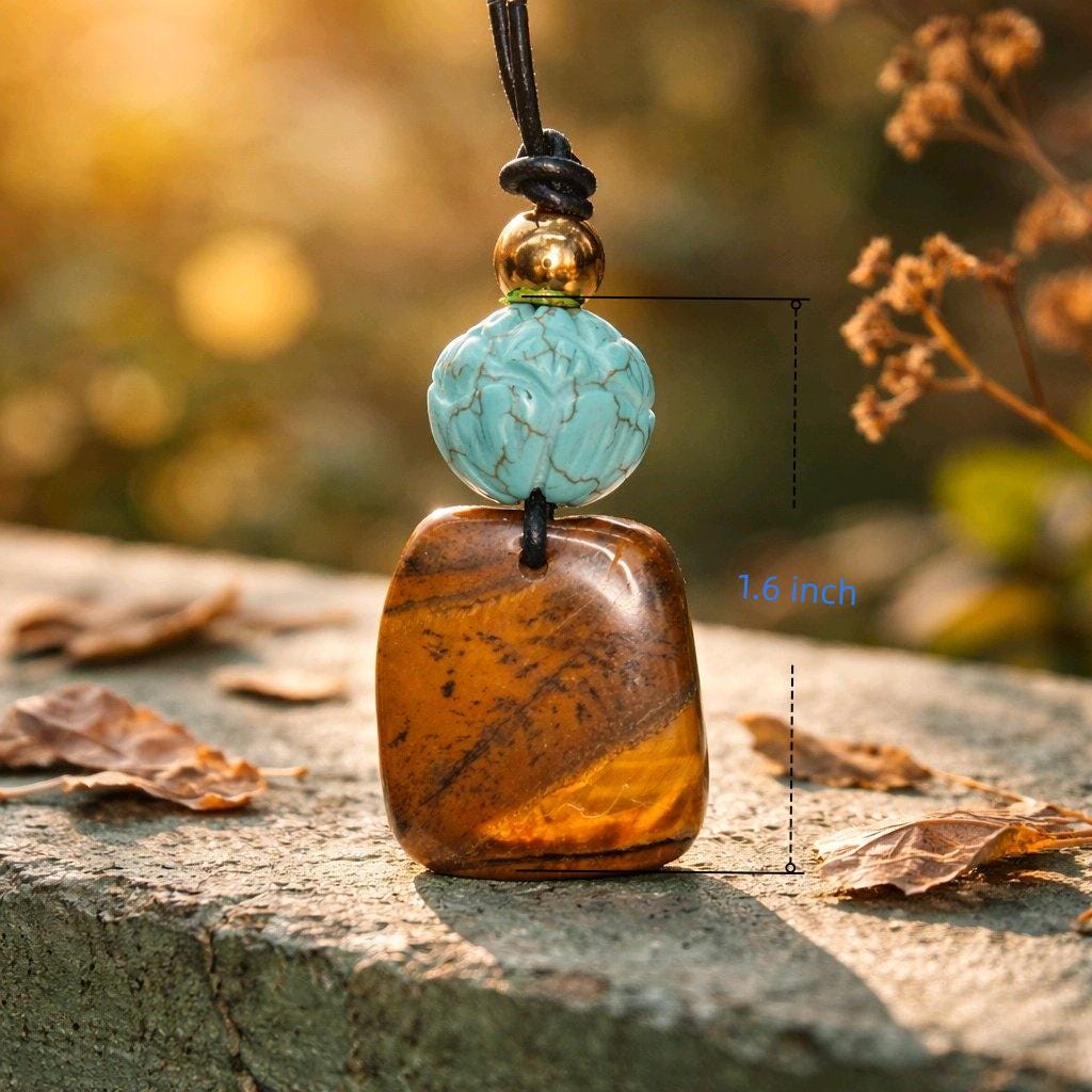 Geometric Tiger's Eye Necklace, Chunky Crystal Pendant with Turquoise Lotus, Healing Stone Jewelry for Her Him, Adjustable Cord #2569