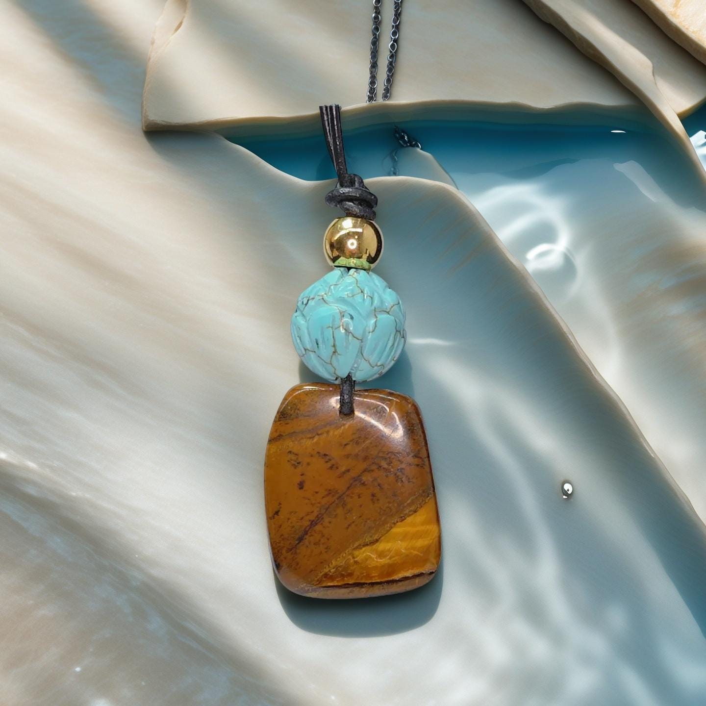 Geometric Tiger's Eye Necklace, Chunky Crystal Pendant with Turquoise Lotus, Healing Stone Jewelry for Her Him, Adjustable Cord #2569