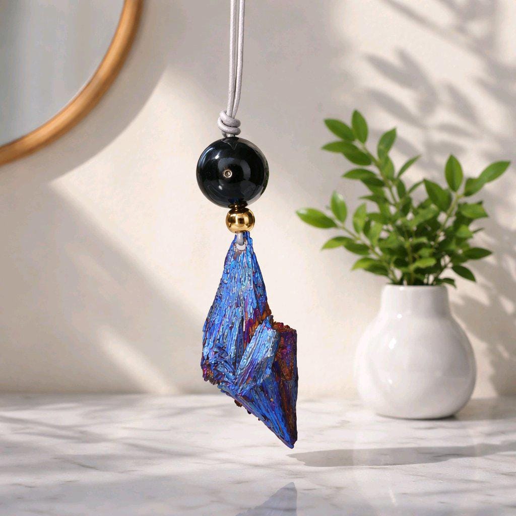 Geometric Titanium Black Tourmaline Necklace, Chunky Rainbow Crystal Pendant with Black Onyx, Healing Jewelry, Adjustable Leather Cord #2568