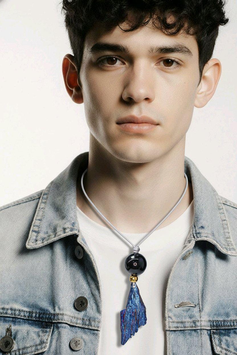 Geometric Titanium Black Tourmaline Necklace, Chunky Rainbow Crystal Pendant with Black Onyx, Healing Jewelry, Adjustable Leather Cord #2568