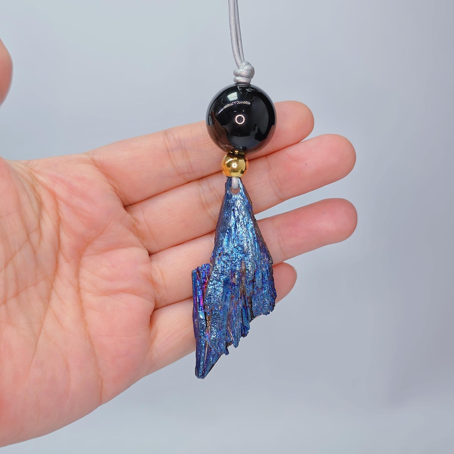 Geometric Titanium Black Tourmaline Necklace, Chunky Rainbow Crystal Pendant with Black Onyx, Healing Jewelry, Adjustable Leather Cord #2568