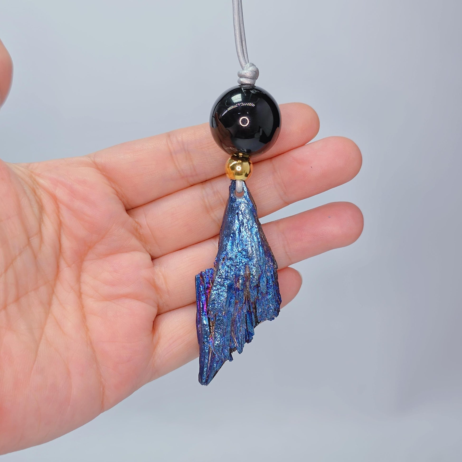 Geometric Titanium Black Tourmaline Necklace, Chunky Rainbow Crystal Pendant with Black Onyx, Healing Jewelry, Adjustable Leather Cord #2568