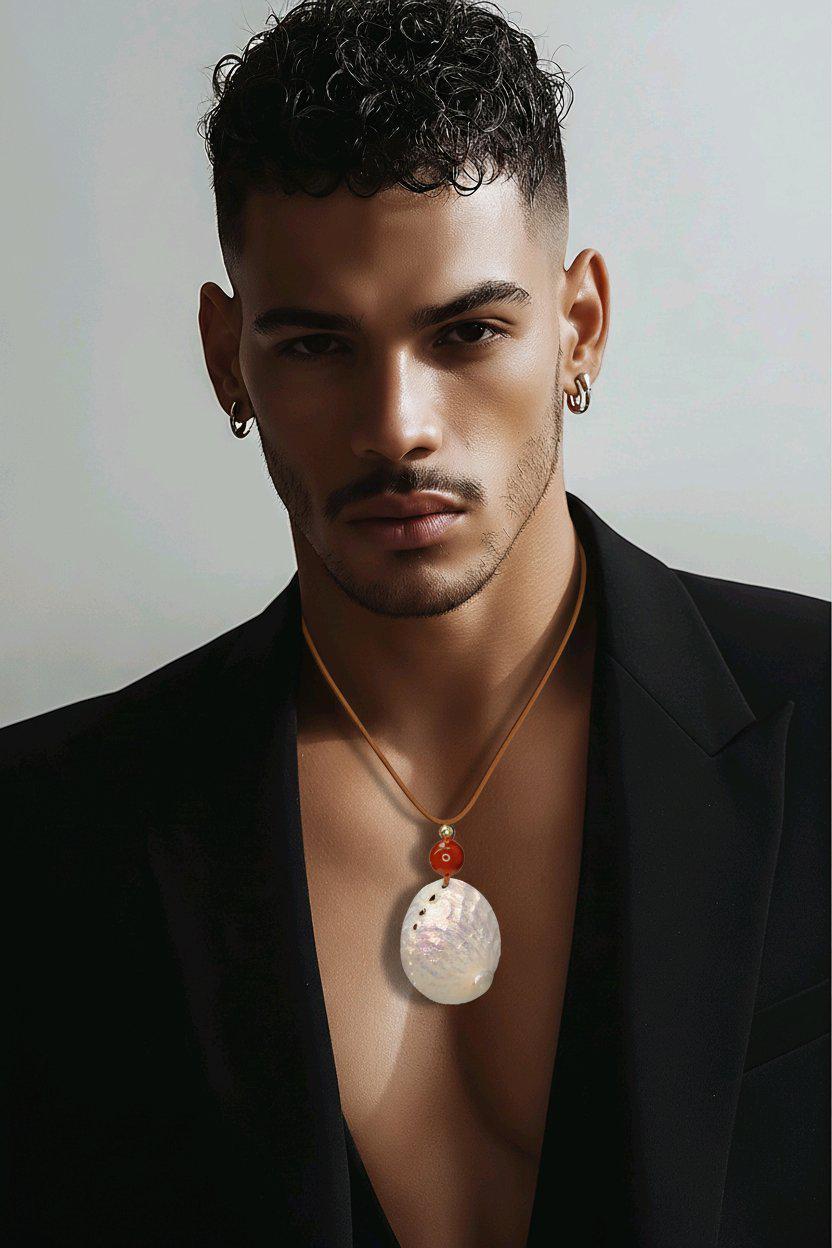 Geometric White Shell Necklace, Chunky Nautilus Pendant with 18mm Red Carnelian, Ocean Inspired Jewelry, Adjustable Leather Cord #2567