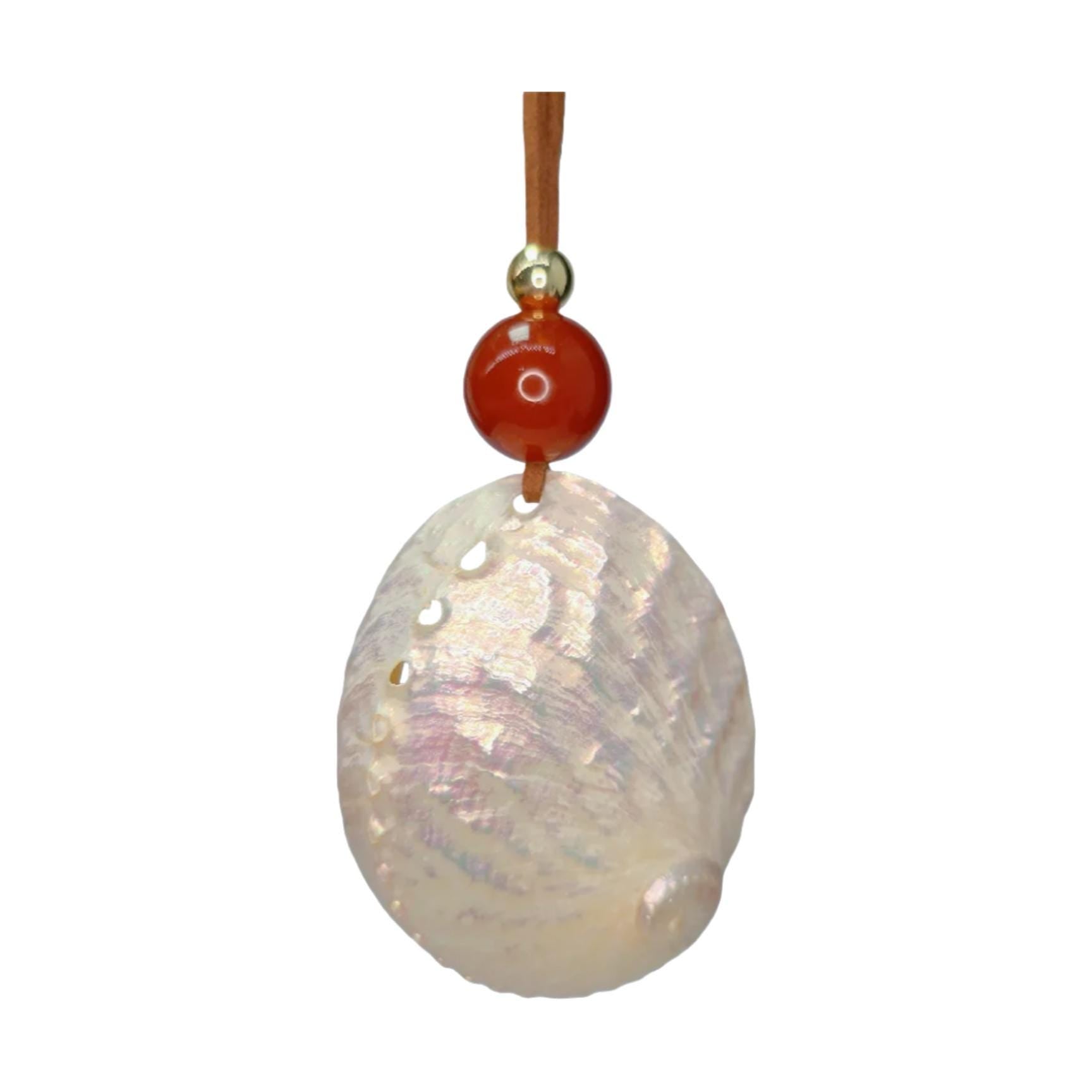 Geometric White Shell Necklace, Chunky Nautilus Pendant with 18mm Red Carnelian, Ocean Inspired Jewelry, Adjustable Leather Cord #2567