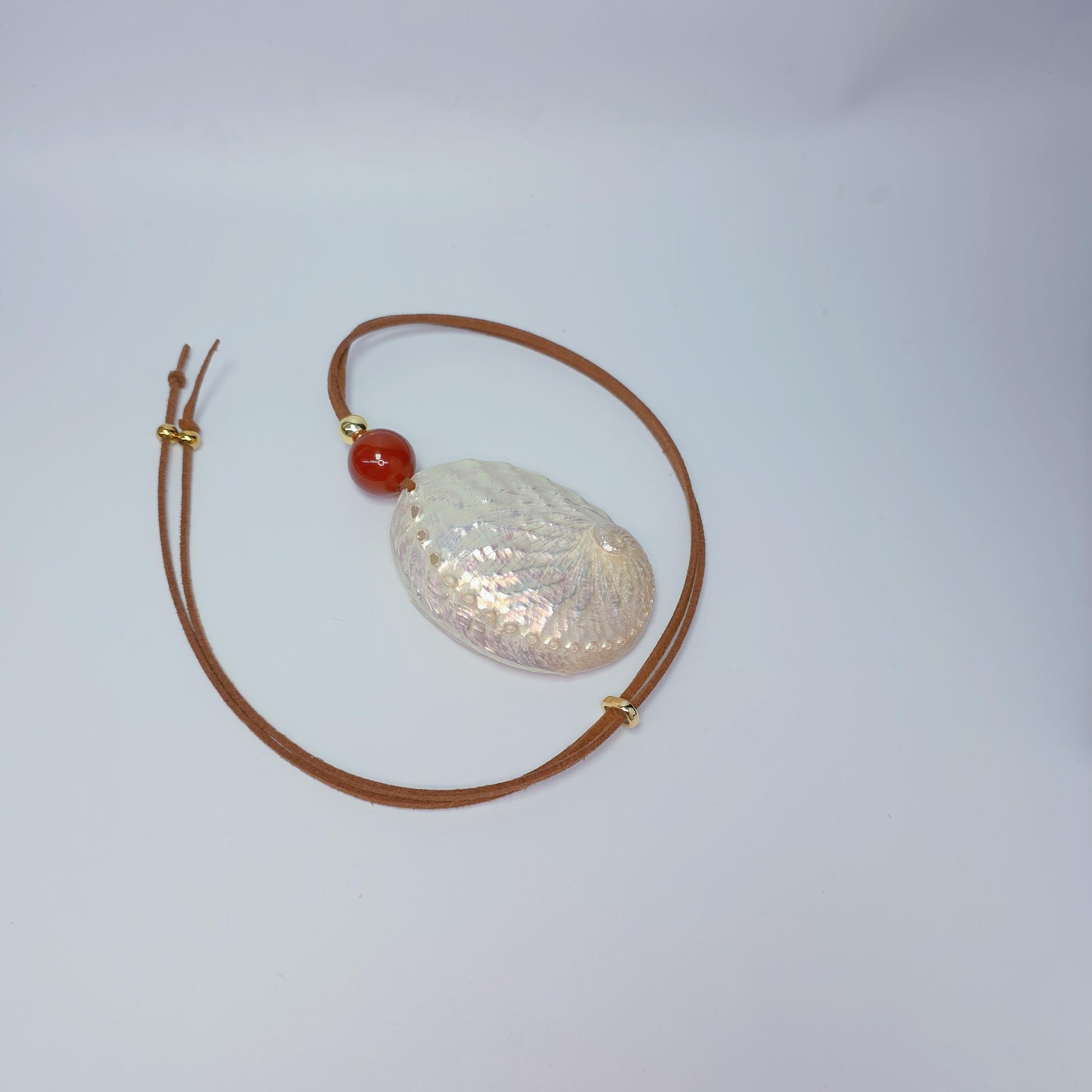 Geometric White Shell Necklace, Chunky Nautilus Pendant with 18mm Red Carnelian, Ocean Inspired Jewelry, Adjustable Leather Cord #2567