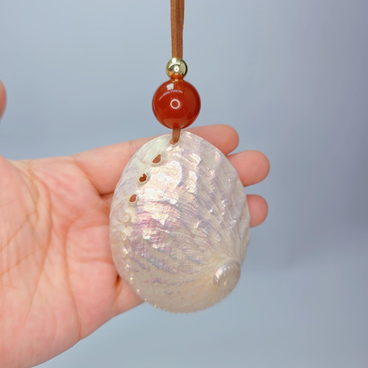 Geometric White Shell Necklace, Chunky Nautilus Pendant with 18mm Red Carnelian, Ocean Inspired Jewelry, Adjustable Leather Cord #2567